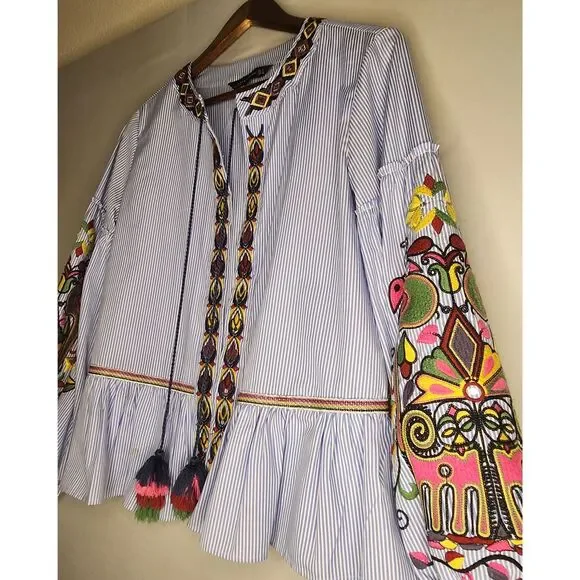 Zara Sequin Embroidered Striped‎ Jacket Blouse Kimono Small Open Front Cardigan - Picture 7 of 8